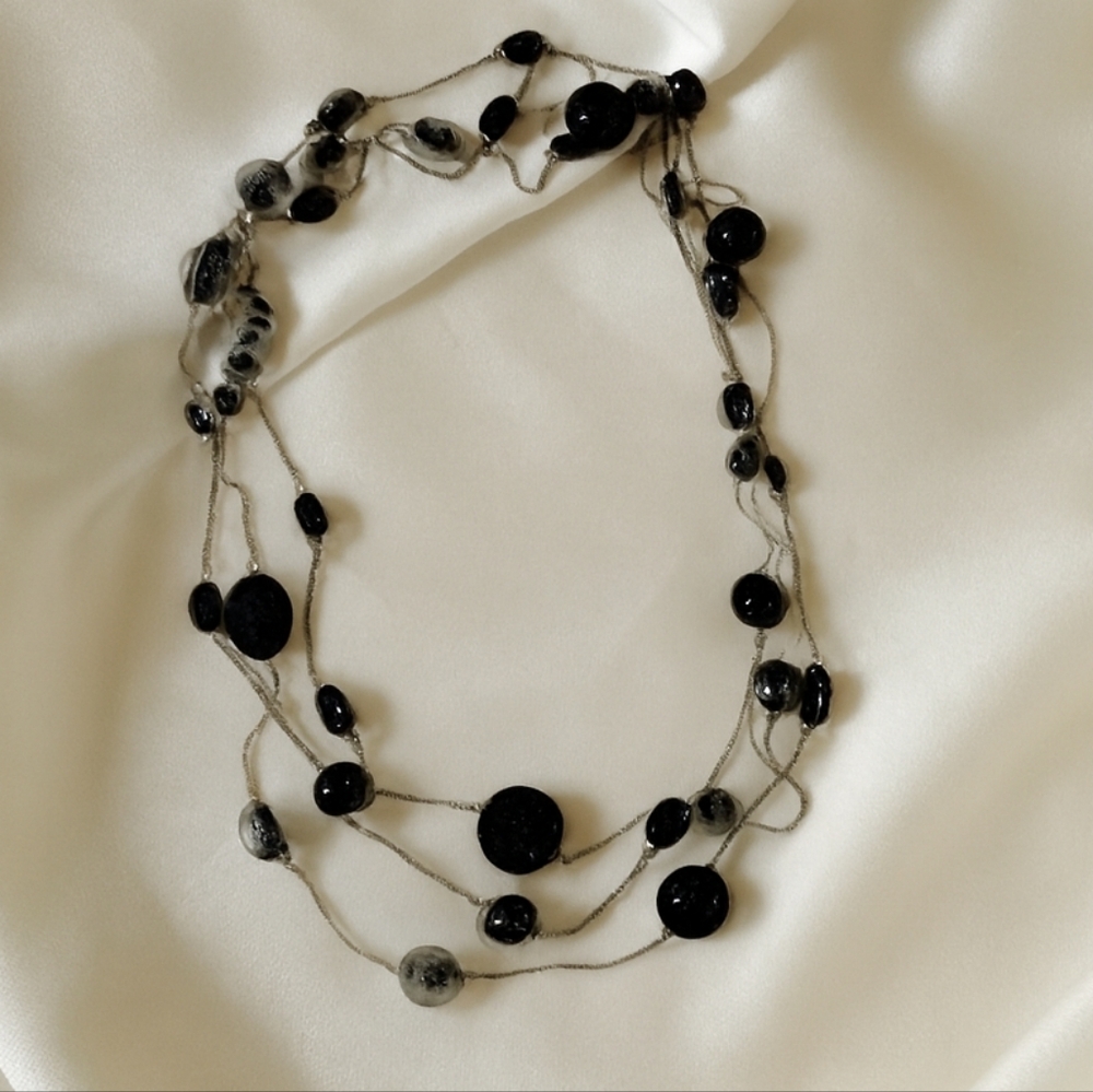 Statement Silver Necklace with Gray and Black Beads – Women’s Fashion Jewrlry